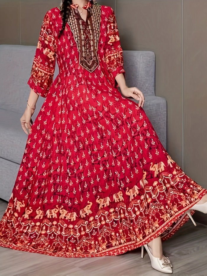 Ethnic Floral Pattern Maxi Dress, Boho Notched Neck 3\u002F4 Sleeve Dress, Women's Clothing