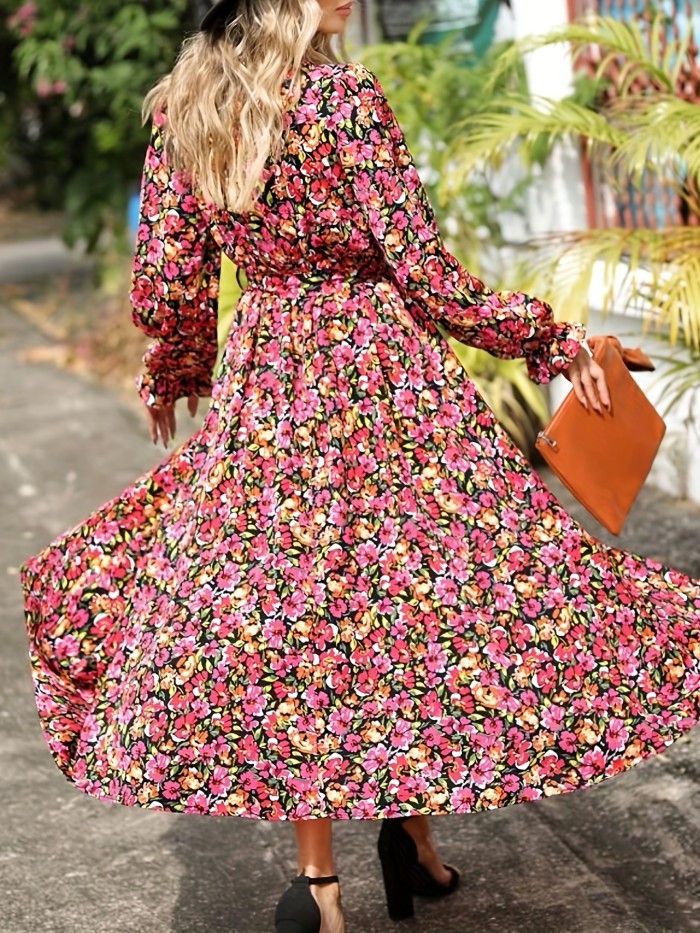 Floral Print Wrap Dress, Boho V Neck Long Sleeve Maxi Dress, Women's Clothing