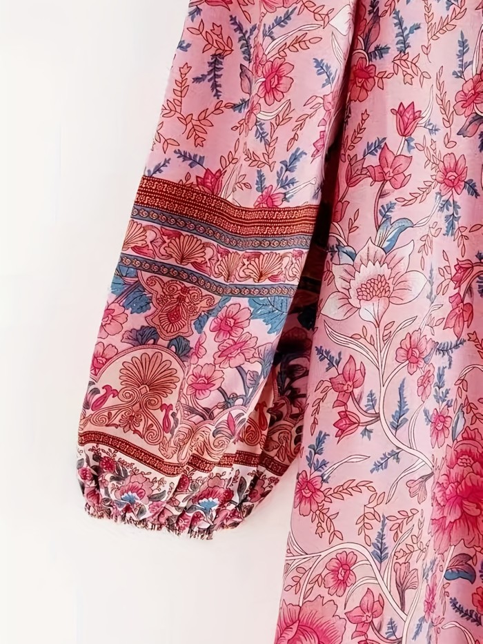 Floral Print Tie Neck Dress, Boho Long Sleeve Dress For Spring & Summer, Women's Clothing
