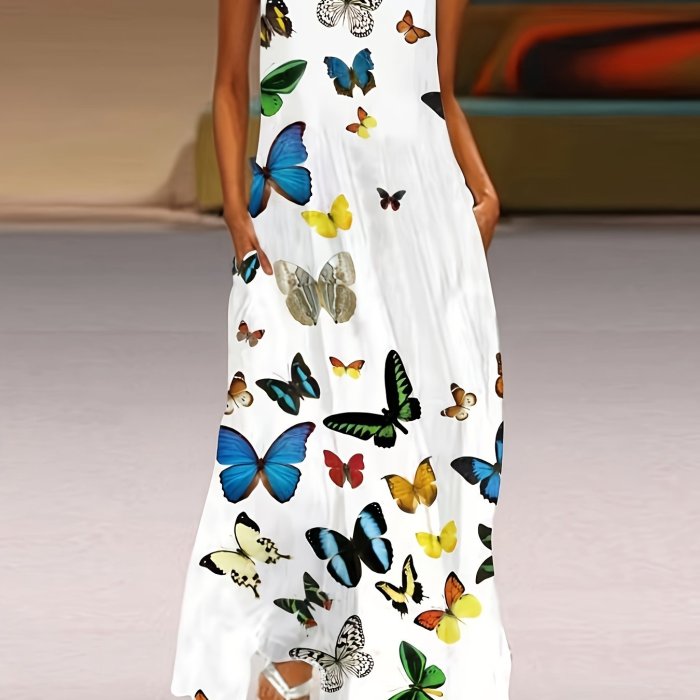 Butterfly Print Maxi Dress, Casual Notched Neck Sleeveless Dress, Women's Clothing