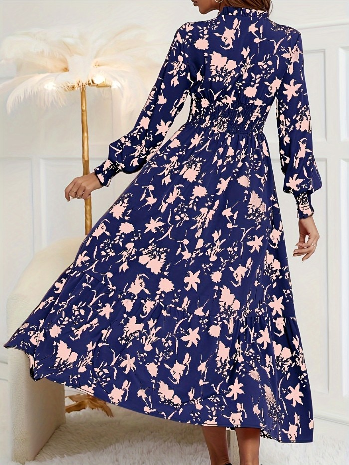 Floral Print Shirred Waist Dress, Elegant V Neck Long Sleeve Dress, Women's Clothing