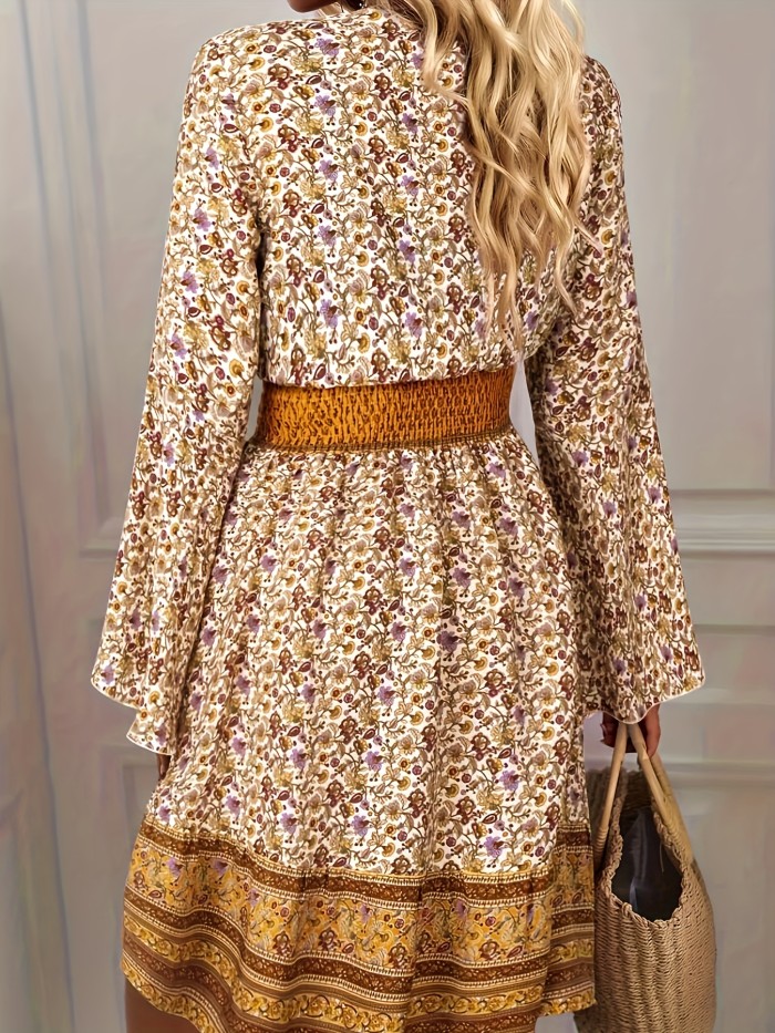 Floral Print Flared Sleeve Dress, Boho V Neck Midi Dress, Women's Clothing
