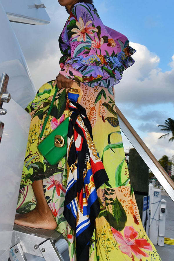 Tropical Print Tiered Ruffle Balloon Sleeve Vacation Maxi Dress