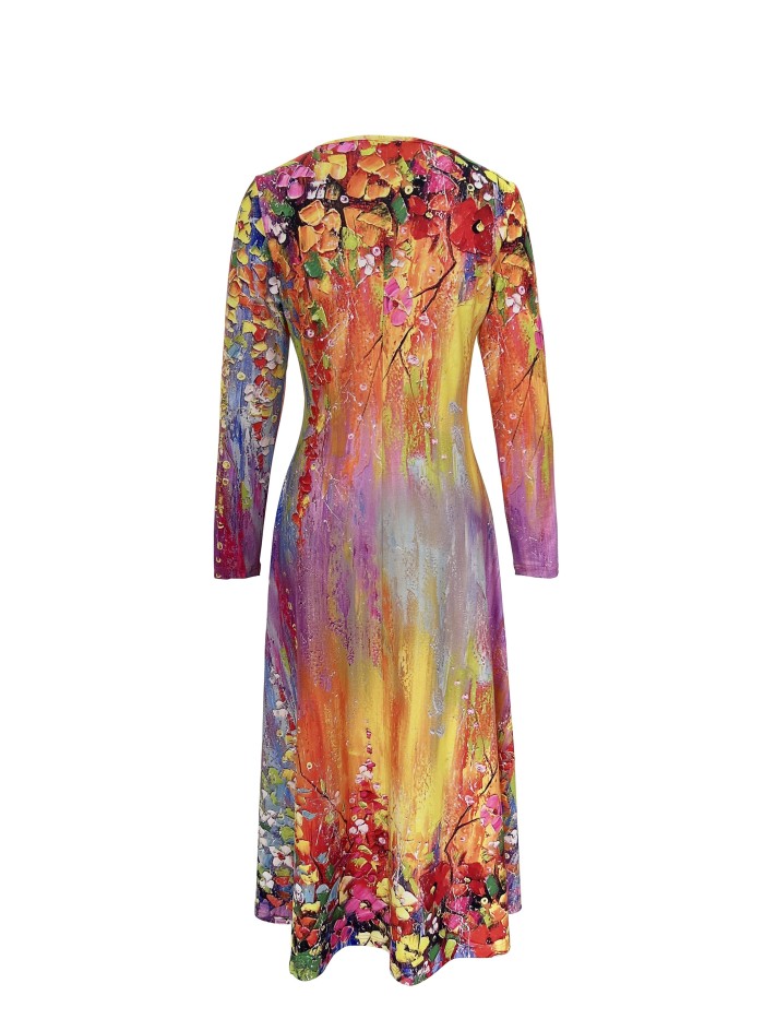 Floral Print Long Sleeve Dress, Casual Crew Neck A-line Dress, Women's Clothing