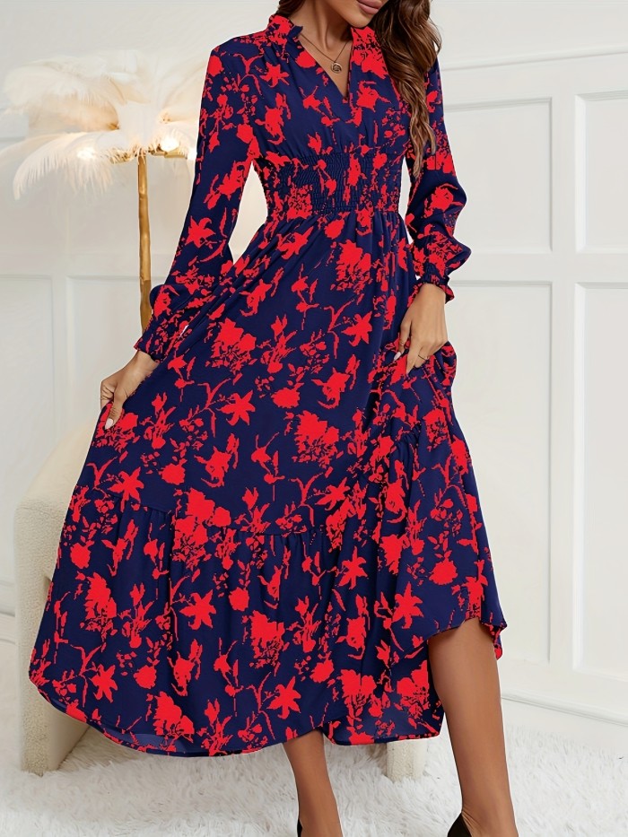 Floral Print Shirred Waist Dress, Elegant V Neck Long Sleeve Dress, Women's Clothing