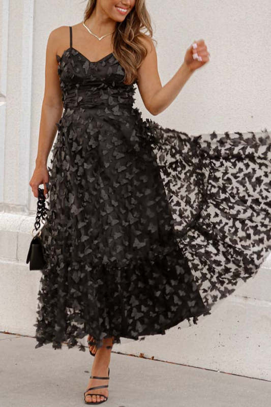 Applique Butterfly Tulle Lace-up Back Midi Dress