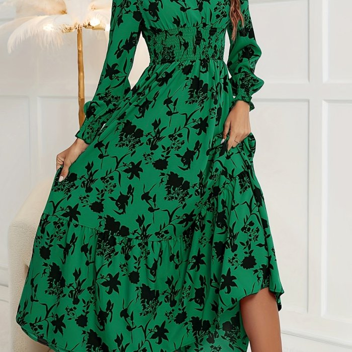 Floral Print Shirred Waist Dress, Elegant V Neck Long Sleeve Dress, Women's Clothing