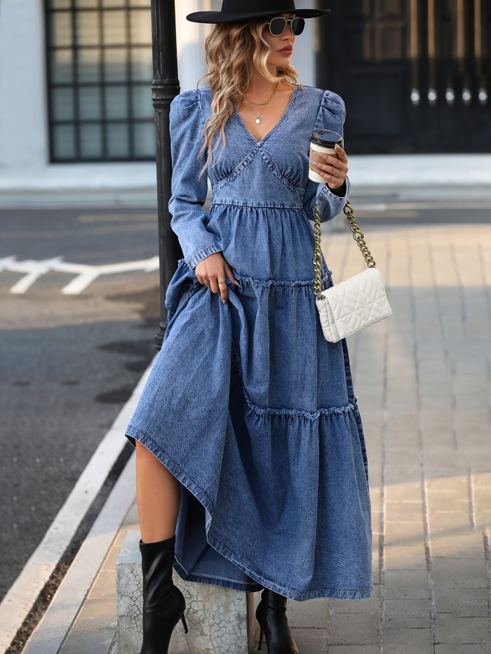 Long Sleeves Layered Denim Dress, V Neck Ruffle Hem Denim Dress, Women's Denim Clothing