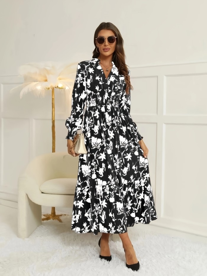 Floral Print Shirred Waist Dress, Elegant V Neck Long Sleeve Dress, Women's Clothing