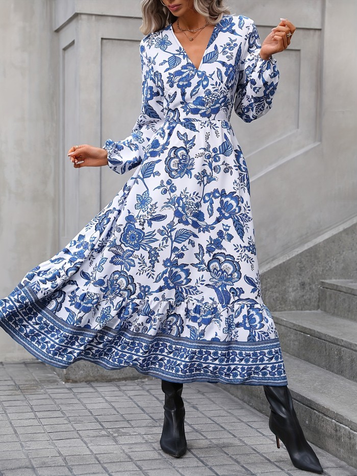 Floral Print Midi Dress, Elegant V Neck Long Sleeve Dress, Women's Clothing