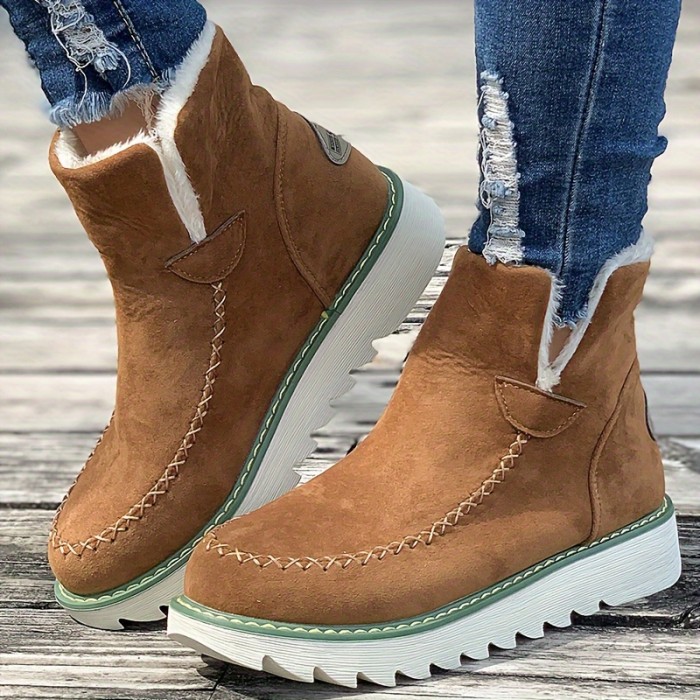 Women's Plush Lined Snow Boots, Round Toe Slip On Flat Short Boots, Winter Warm Outdoor Ankle Boots
