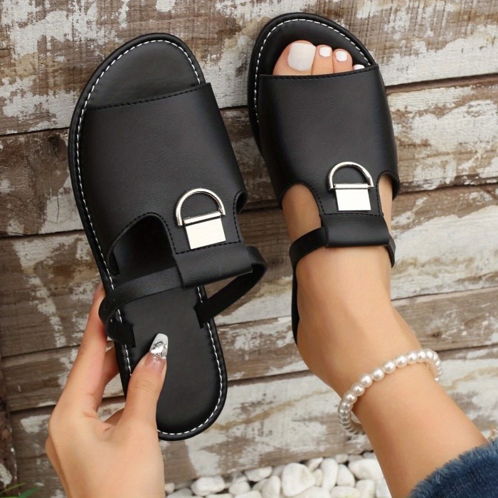 Women's Flat Slide Sandals, Fashionable Open Round Toe Non Slip Slides Shoes, Outdoor Beach Slides