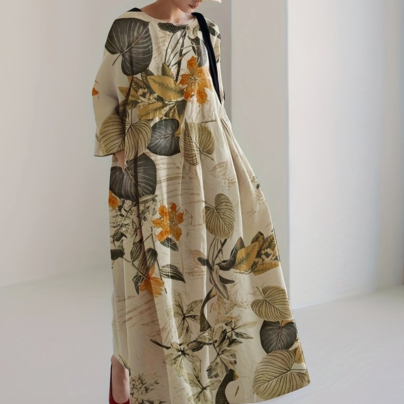 Ethnic Floral Print Dress, Vintage Loose Crew Neck Maxi Dress, Women's Clothing