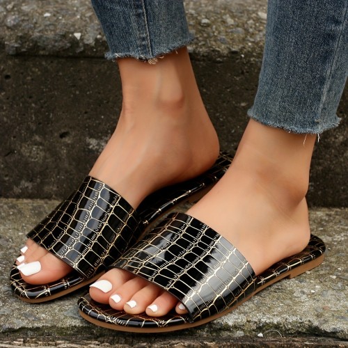 Women's Flat Slide Sandals, Fashionable Stone Printed Open Toe Non Slip Shoes, Outdoor Slides Shoes