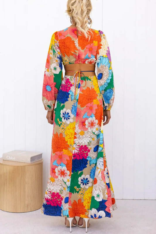 Floral Print Cutout Elastic Waist Maxi Dress