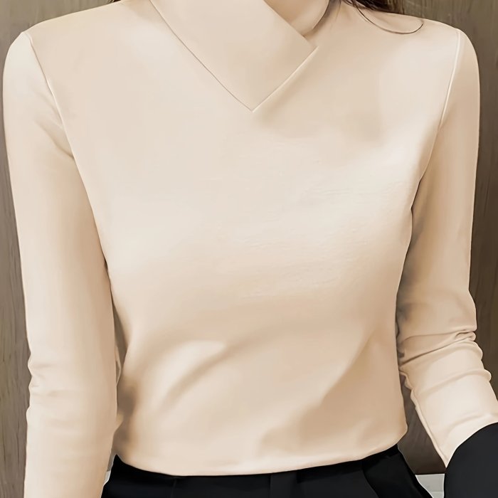 Plus Size Basic Top, Women's Plus Solid Long Sleeve High Neck Slight Stretch Slim Fit Top