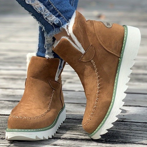 Women's Plush Lined Snow Boots, Round Toe Slip On Flat Short Boots, Winter Warm Outdoor Ankle Boots