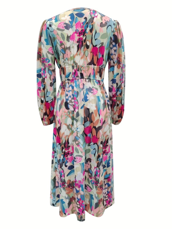 Floral Print V Neck Maxi Dress, Boho Lantern Sleeve Long Sleeve Maxi Dress For Vacation & Beach , Women's Clothing