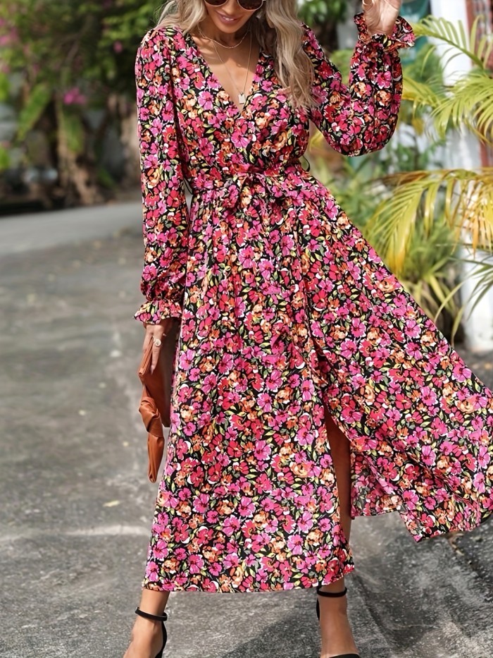 Floral Print Wrap Dress, Boho V Neck Long Sleeve Maxi Dress, Women's Clothing
