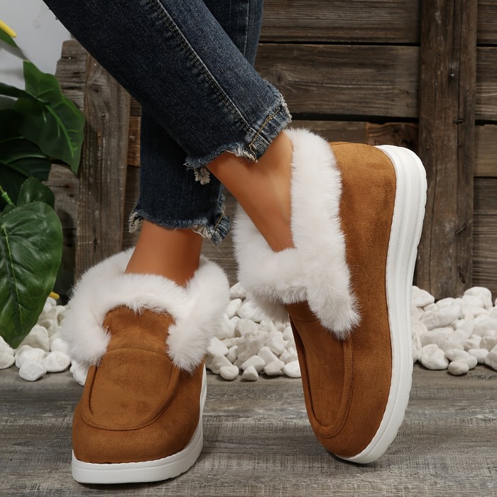 Women's Fluffy Furry Snow Boots, Winter Thermal Slip On Flat Ankle Boots, Outdoor Warm Short Boots