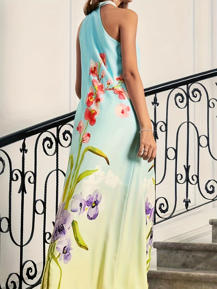 Plus Size Elegant Bridesmaid Dress, Women's Plus Floral Print Halter Neck Sleeveless Maxi Evening Party Dress