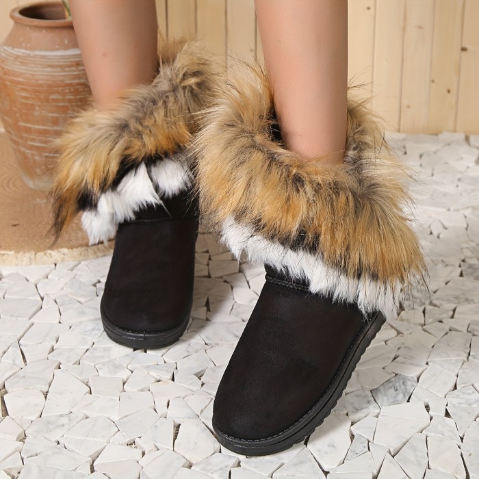Women's Fluffy Furry Snow Boots, Winter Warm Slip On Plush Lined Short Boots, Thermal Outdoor Flat Boots