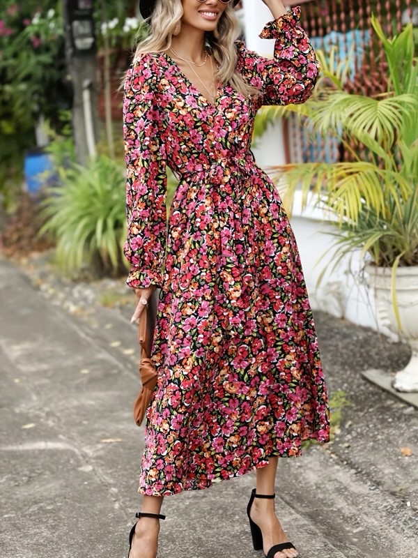 Floral Print Wrap Dress, Boho V Neck Long Sleeve Maxi Dress, Women's Clothing