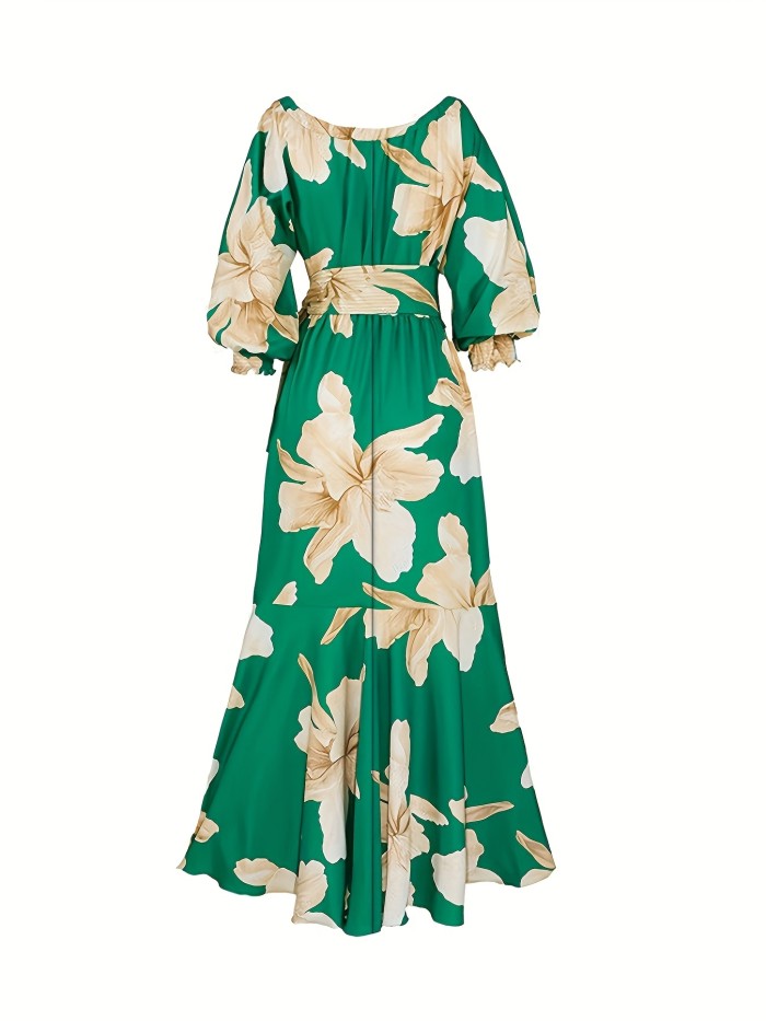 Boho Floral Print Flared Long Dress, Elegant Lantern Long Sleeve Tie Waist Summer Dresses, Women's Clothing