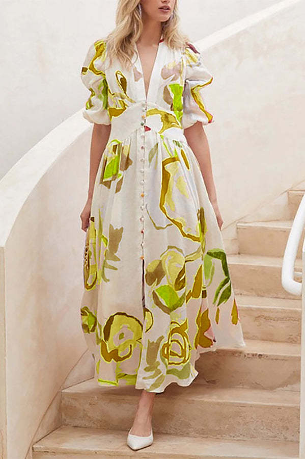 Watercolor Floral Printed Puff Sleeve Button Maxi Dress