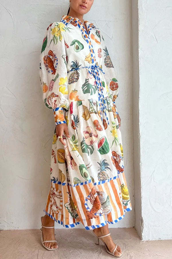 Tropical Fruit Print Balloon Sleeve Patchwork Shirt Midi Dress