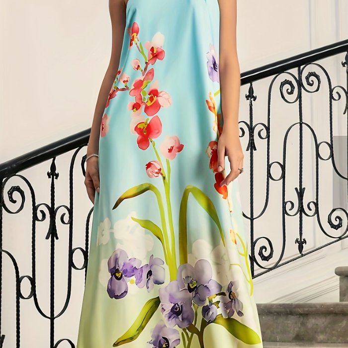Plus Size Elegant Bridesmaid Dress, Women's Plus Floral Print Halter Neck Sleeveless Maxi Evening Party Dress