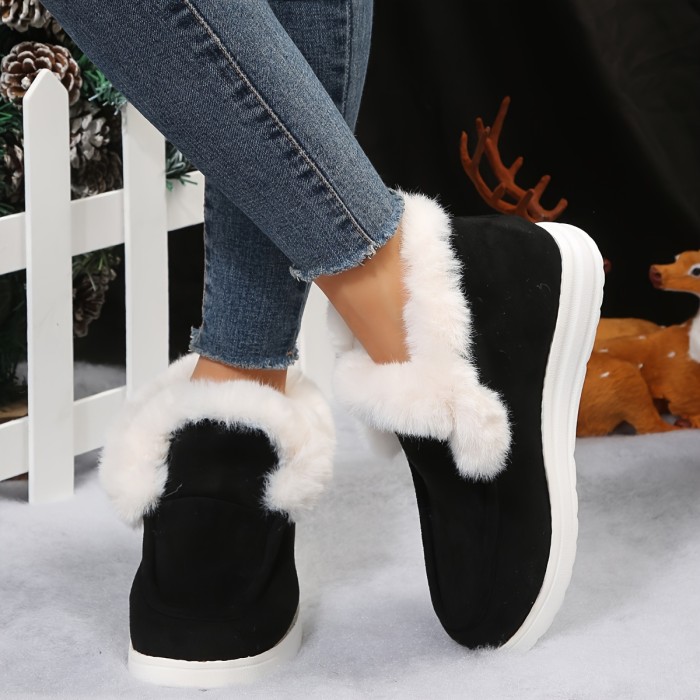 Women's Fluffy Furry Snow Boots, Winter Thermal Slip On Flat Ankle Boots, Outdoor Warm Short Boots