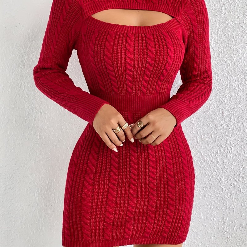 Cut Out Cable Knit Sweater Dress, Sexy Long Sleeve Bodycon Dress, Women's Clothing