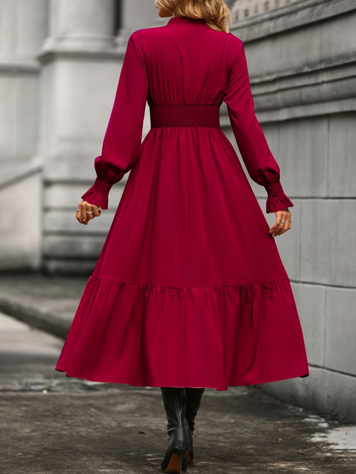 Shirred High Waist Solid Dress, Elegant V Neck Long Sleeve Dress, Women's Clothing
