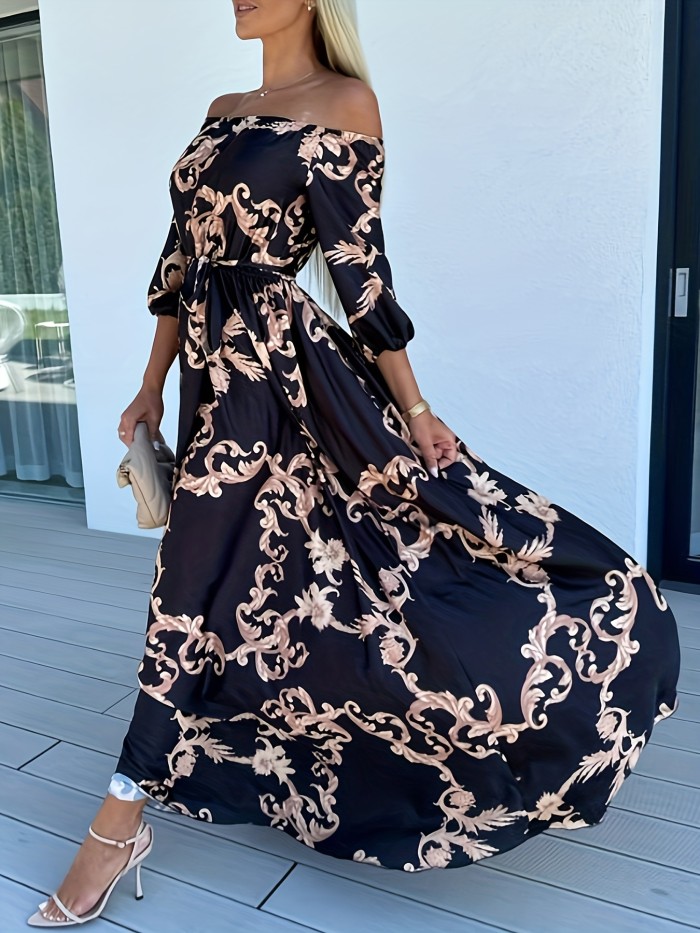 Floral Print Off-shoulder Dress, Elegant Tie-waist Maxi Length Dress For Spring & Summer, Women's Clothing