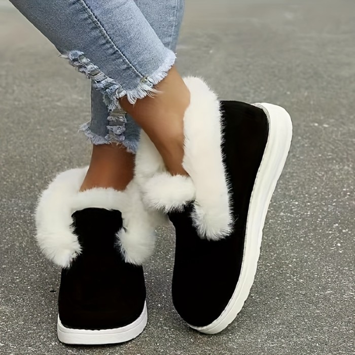 Women's Fluffy Furry Snow Boots, Winter Thermal Slip On Flat Ankle Boots, Outdoor Warm Short Boots