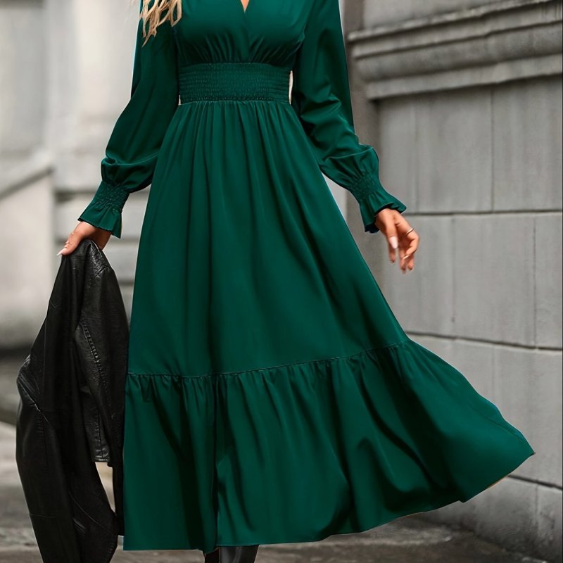 Shirred High Waist Solid Dress, Elegant V Neck Long Sleeve Dress, Women's Clothing