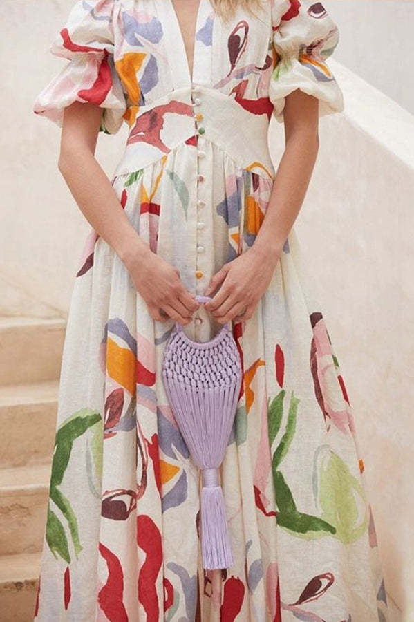 Watercolor Floral Printed Puff Sleeve Button Maxi Dress