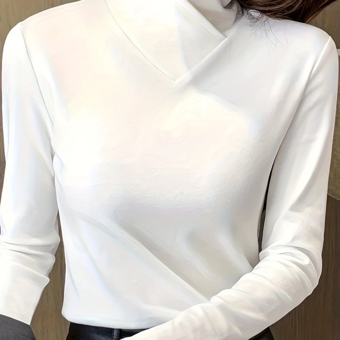 Plus Size Basic Top, Women's Plus Solid Long Sleeve High Neck Slight Stretch Slim Fit Top