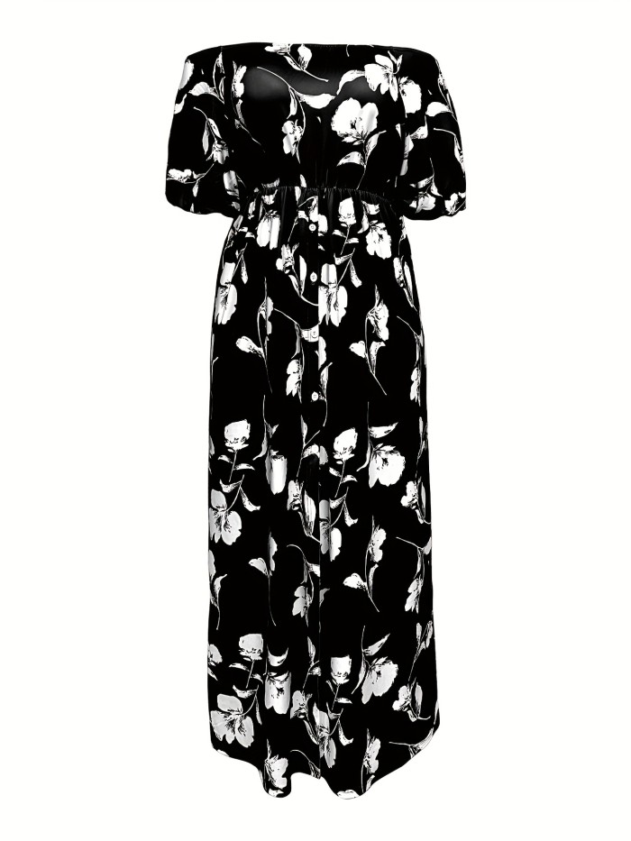 Plus Size Casual Dress, Women's Plus Floral Print Off Shoulder Bubble Sleeve Split Hem Slight Stretch Maxi Dress