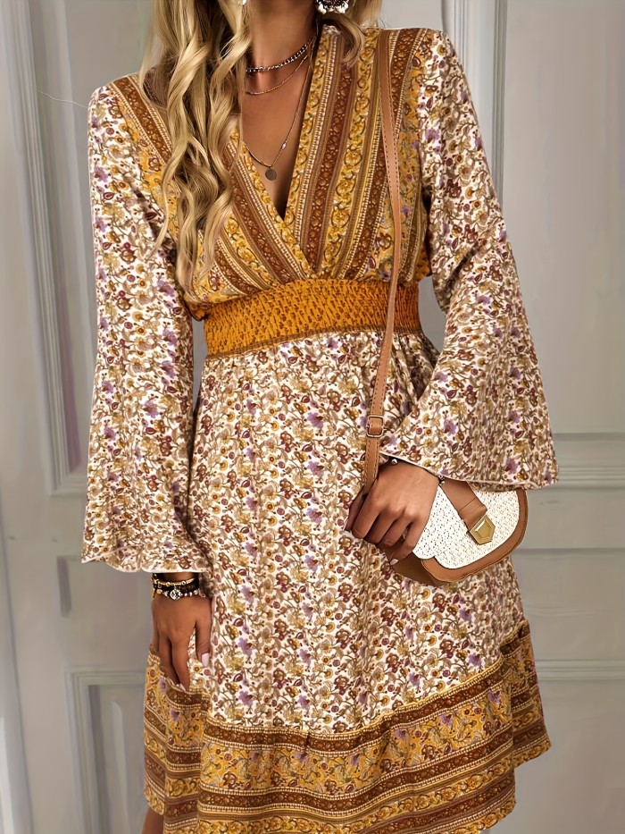 Floral Print Flared Sleeve Dress, Boho V Neck Midi Dress, Women's Clothing
