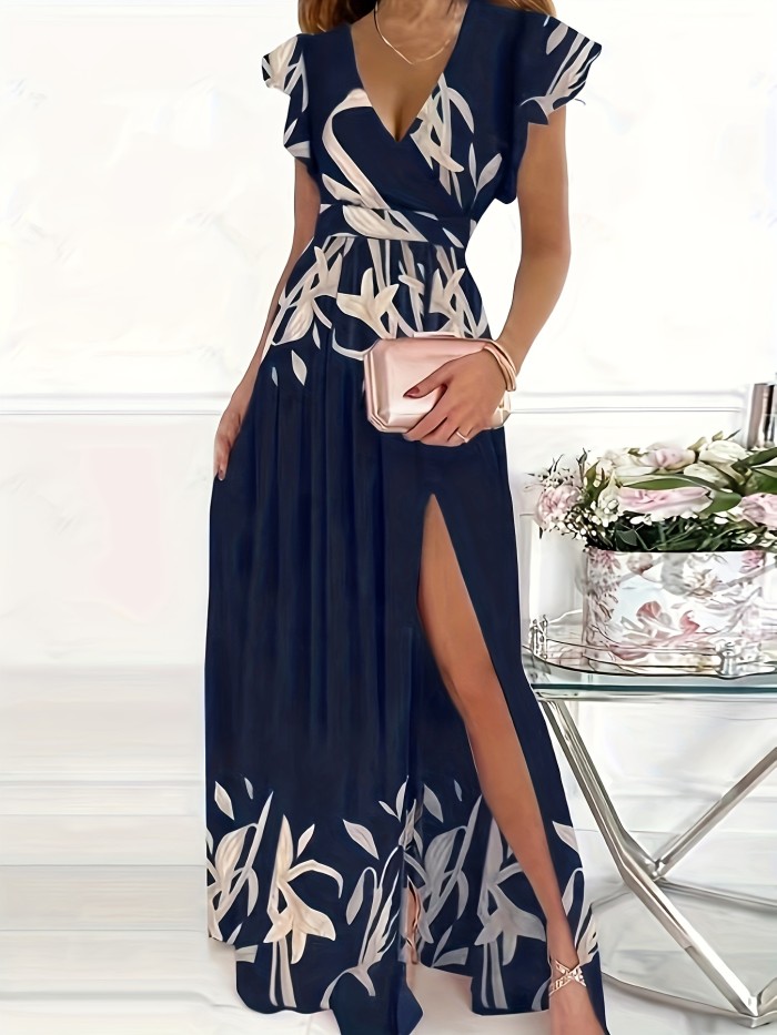 Floral Print V Neck Dress, Boho Split Short Sleeve Dress For Spring & Summer, Women's Clothing