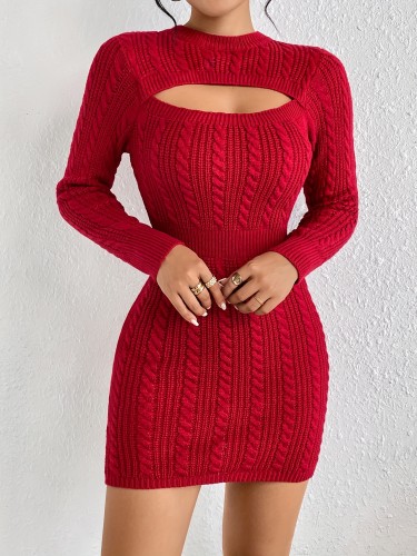 Cut Out Cable Knit Sweater Dress, Sexy Long Sleeve Bodycon Dress, Women's Clothing