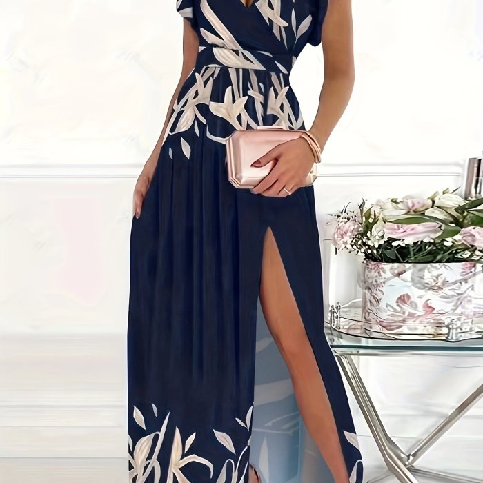 Floral Print V Neck Dress, Boho Split Short Sleeve Dress For Spring & Summer, Women's Clothing