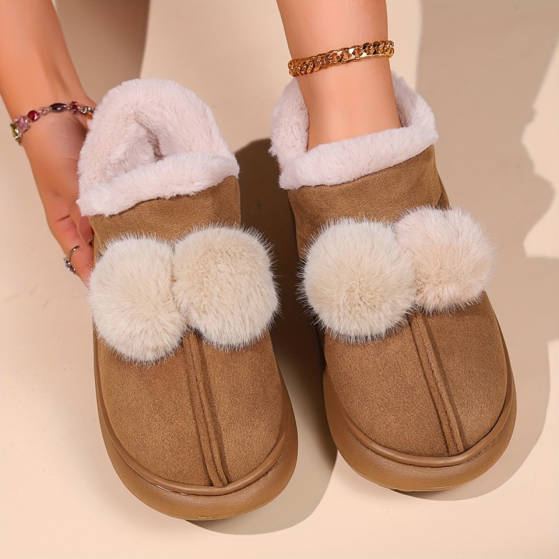 Women's Pom-pom Fleece Snow Boots, Solid Color Plush Lined Slip On Ankle Boots, Winter Warm Outdoor Flat Boots