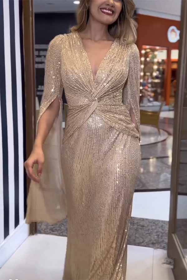 Sequin Cape Sleeve Cross Waist Evening Maxi Dress