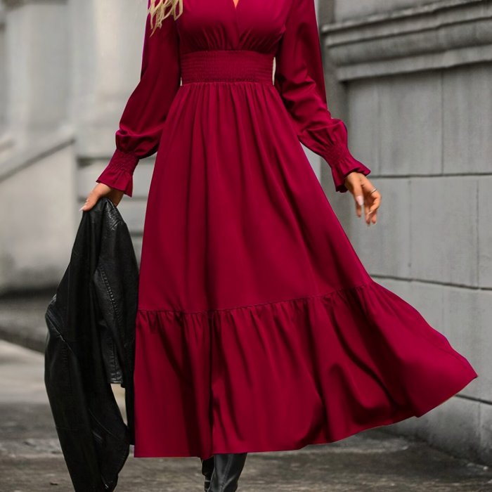 Shirred High Waist Solid Dress, Elegant V Neck Long Sleeve Dress, Women's Clothing