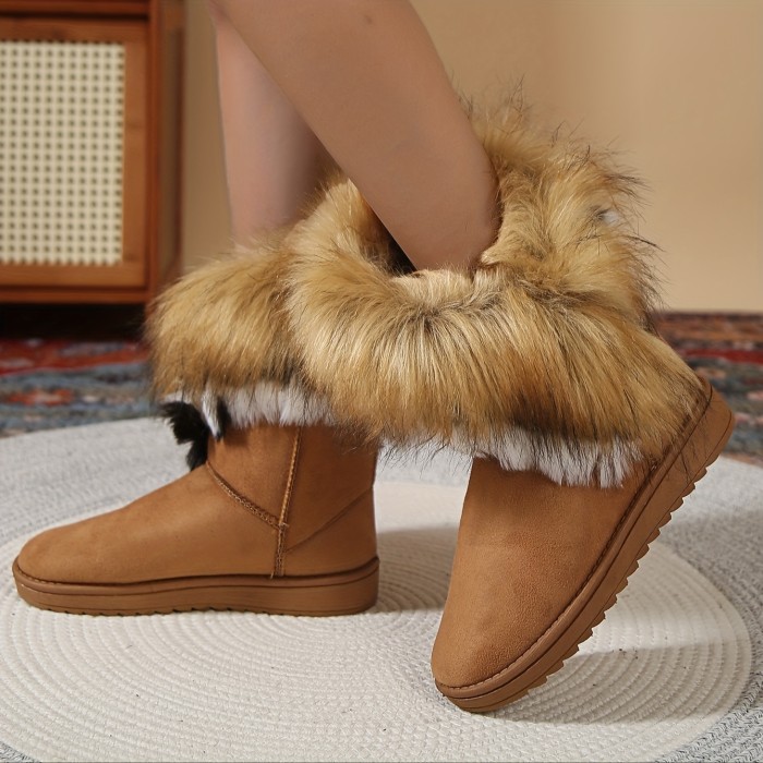 Women's Fluffy Furry Snow Boots, Winter Warm Slip On Plush Lined Short Boots, Thermal Outdoor Flat Boots