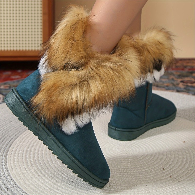 Women's Fluffy Furry Snow Boots, Winter Warm Slip On Plush Lined Short Boots, Thermal Outdoor Flat Boots