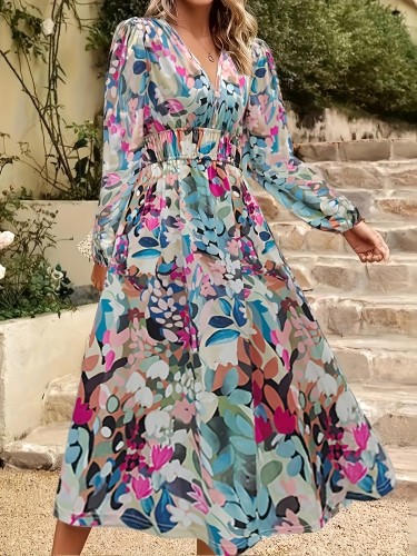 Floral Print V Neck Maxi Dress, Boho Lantern Sleeve Long Sleeve Maxi Dress For Vacation & Beach , Women's Clothing